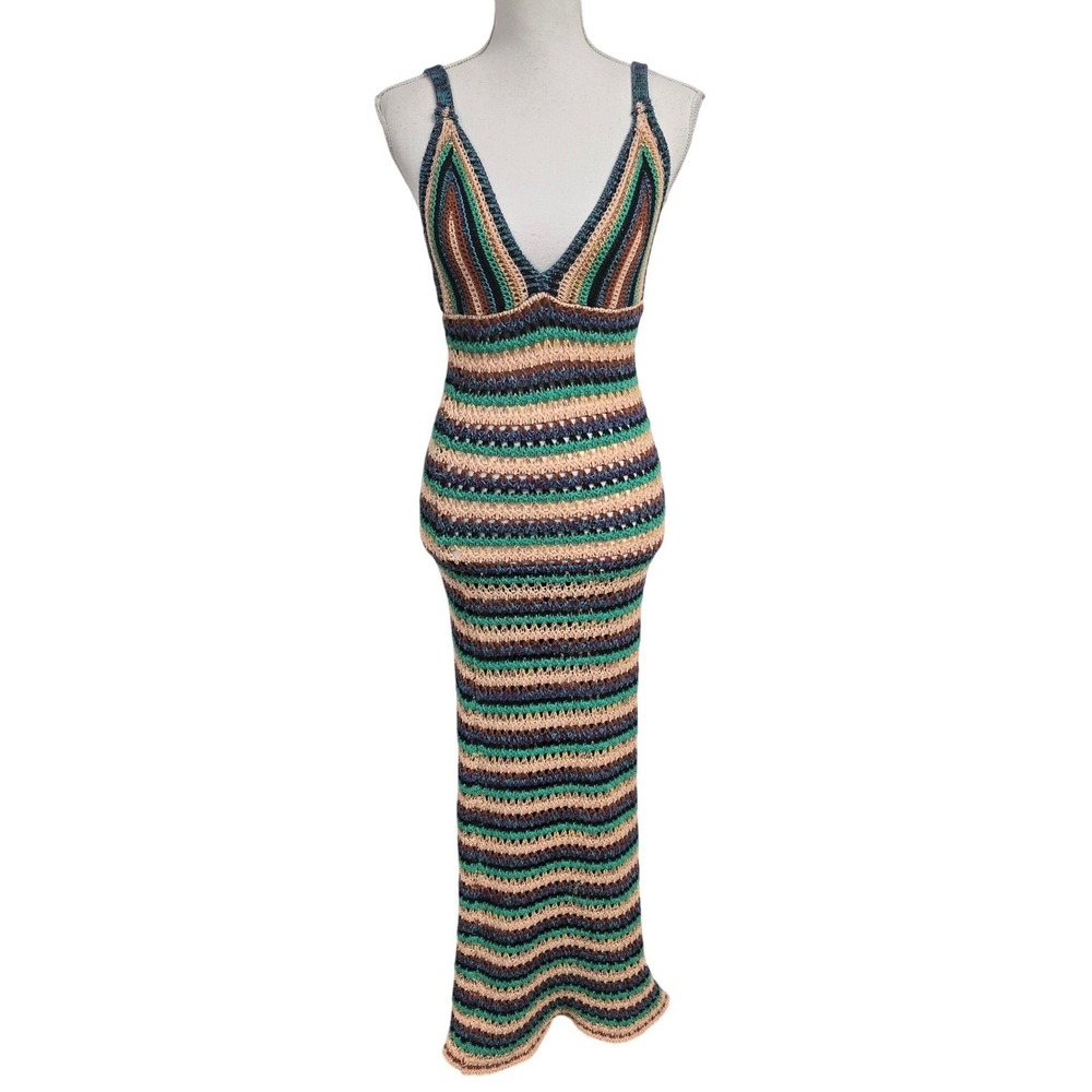 Zara Multi Color Striped Crochet Knit V-Neck Maxi Dress Boho Summer Beach Size S